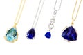 Four Different Designer Pendants with Tanzanite, Aquamarine and Diamonds