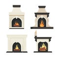 Four different designs fireplace illustrations, featuring fire burning within. Classic modern Royalty Free Stock Photo