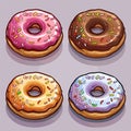 Four different flavored doughnuts, digital illustration. Top view assorted doughnuts various