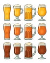 Four different glasses with three types beer. Vintage color engraving Royalty Free Stock Photo