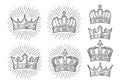 Four different king crowns. Engraving vintage vector black illustration Royalty Free Stock Photo