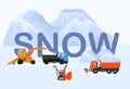 Different machines in winter removing snow vector illustration. Big and small crawler snowblowers, lorry, tipper truck Royalty Free Stock Photo