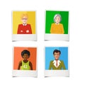Four different polaroid instant photos with flat portraits of people on colourful backgrounds