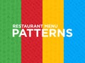 Four different restaurant menu seamless patterns with thin line icons: starters, chef dish, BBQ, soup, beef, steak, beverage, fish