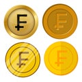 Four different style gold coin with franc currency symbol vector set Royalty Free Stock Photo