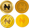 Four different style gold coin with naira currency symbol vector set