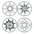 Set of geometric stylized images of the sun in the circle frames