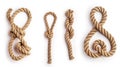 Four different types of knots made from natural rope on a white background Royalty Free Stock Photo