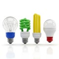 Four different types of light bulbs displayed in a row, representing innovation and technology Royalty Free Stock Photo