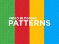 Four different Video blogging seamless patterns with thin line icons: vlog, ASMR, mukbang, unboxing, DIY, stream game, review, Royalty Free Stock Photo