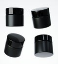 Four different views of glossy black plastic cream jar with cap, 3D render cosmetic product packaging isolated on white