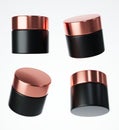 Four different views of glossy black plastic cream jar with rose gold cap, 3D render cosmetic product packaging isolated