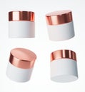 Four different views of matt white plastic cream jar with rose gold cap, 3D render cosmetic product packaging isolated