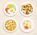 Four dishes on plates. Served pizza, salad, sandwich and fried potatoes with egg.