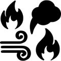 Black icons of fire wind and speech bubble symbol Royalty Free Stock Photo