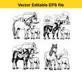 Four distinct black and white illustrations featuring horses, cows, and sheep with a charming barn house, vector collection Royalty Free Stock Photo