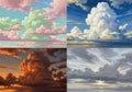 Four distinct digital paintings depict various cloud formations. The Royalty Free Stock Photo