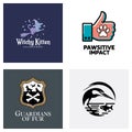 Four distinct graphic logos featuring a witch cat a paw thumbs up a pet shield and a heron vector Royalty Free Stock Photo