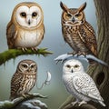 Four Distinct Owls Perched on Branches, Each with Unique Features and Expressions Royalty Free Stock Photo