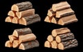 Four piles of seasoned firewood against a black background, transparent background, ai-generated Royalty Free Stock Photo