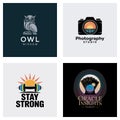 Four distinct vector logos owl camera barbell tarot cards on white backgrounds owl logo camera logo Royalty Free Stock Photo