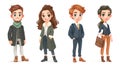 Four Diverse Cartoon Characters in Various Outfits on White Background Royalty Free Stock Photo