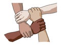 Four diverse men holding each others wrists. Top view
