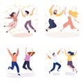 Four diverse people couple jumping with joy, celebrating with confetti. Happy group celebration, men and women in casual