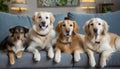 Four dogs lying on the couch looking at camera. Lovely pets. Domestic life.