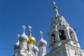 Four domes with crosses, one golden and three white, of the Orthodox Church Royalty Free Stock Photo