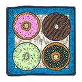 Four donuts in a box. Apparel print design. Color hand drawn image.