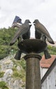 Four dove fountain closeup on Schlossbergplatz in Graz, Austria. Royalty Free Stock Photo