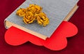Four dried yellow roses lying on the book with two red hearts Royalty Free Stock Photo