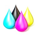 Four drops of printer ink. CMYK concept 3D Royalty Free Stock Photo