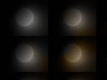Four dull blurred silhouettes of a big full moon and yellow light halo on black starry sky background wallpaper.