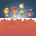 Four Dutch Sinterklaas helpers Zwart Piets - celebrate holidays on snowy wall - vector illustration Royalty Free Stock Photo