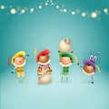 Four Dutch Sinterklaas helpers Zwart Piets - celebrate holidays - vector illustration on turquoise background with lights