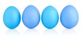 Four Easter eggs painted blue color. Monochrome minimalist isolated eggs with reflection