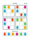 Four easy picture sudoku games with Easter colorful painted eggs iconic images. Set 44.