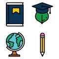 Four educational icons book graduation cap globe and pencil vector Royalty Free Stock Photo