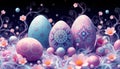 Four eggs with different colors and designs are placed on a bed of flowers Royalty Free Stock Photo