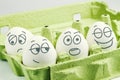 Four eggs in eggbox. Types of temperaments. Sanguine, choleric, phlegmatic and melancholic Royalty Free Stock Photo