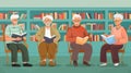 Four elderly individuals study foreign languages with textbooks and dictionaries in a community center, focused on Royalty Free Stock Photo