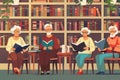 Four elderly people are studying foreign languages with textbooks and dictionaries in a cozy library setting. Generative Royalty Free Stock Photo