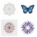 Four elegant designs including a blue butterfly and decorative floral mandala vector illustrations ideal for creative projects Royalty Free Stock Photo