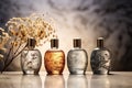 Four elegant glass perfume bottles on a gray illuminated background