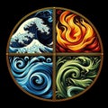 Four Elements of Nature Collage - Earth, Water, Air, Fire - Nordic style illustration. Logo