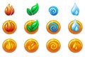 Four elements nature icons, golden round symbols set. Wind, fire, water, earth symbol Royalty Free Stock Photo