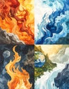 Four Elements Represented in Watercolor Royalty Free Stock Photo