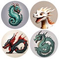 Four emblems with dragons. Fantasy monster. Eastern horoscope. Cartoon character. Fairy tale